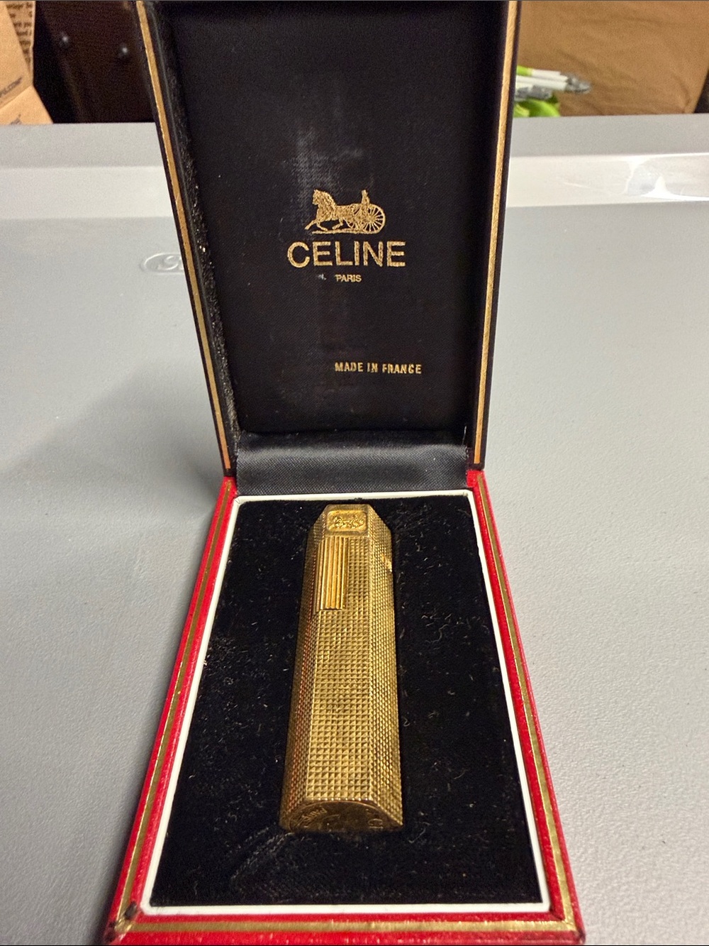 Celine Vintage Gold-tone Textured Collectible Lighter with Red and Black Box